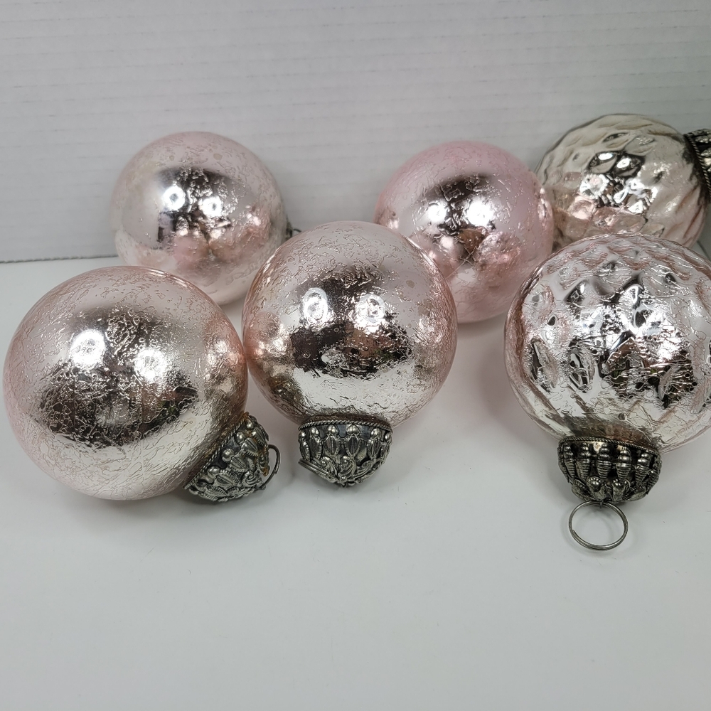Vintage Kugel Style Pink Crackle Mercury Glass Christmas Ornaments 3" - Lot of 6